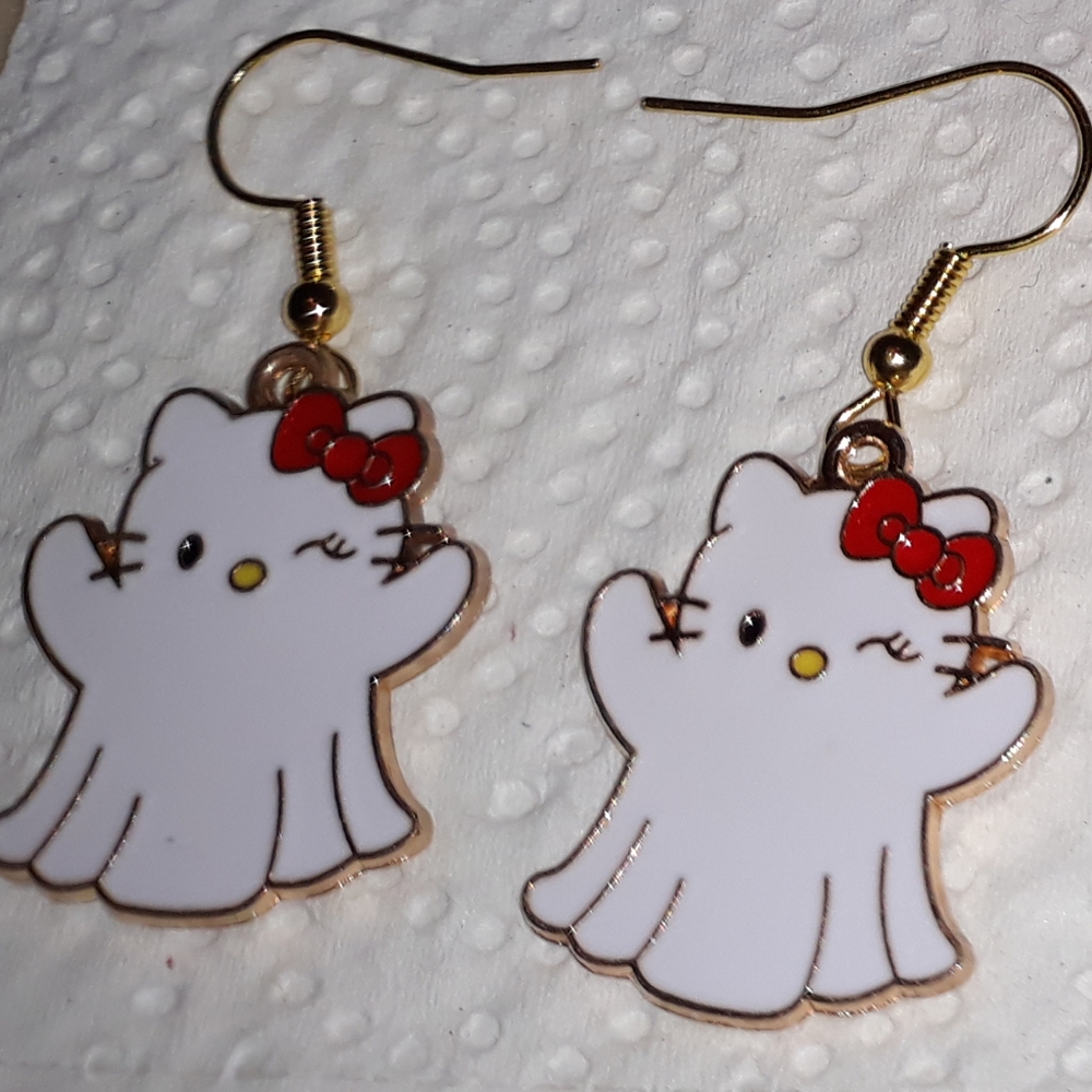 Hello Kitty Ghost Red Bow Dangle Earrings Gold Enamel Stainless Jewelry NWT NEW